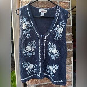 Vintage Worthington Embroidered Floral Sweater Vest Navy Blue Small
